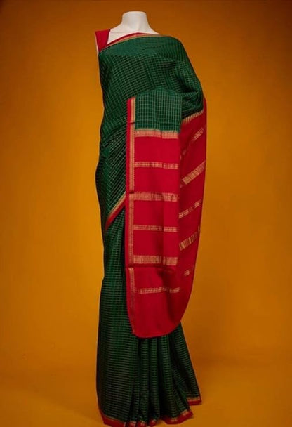 WiMO ready to wear one minute Mysore semi crepe silk saree, tiny zari checks and elegant small contrast border, rich pallu and contrast blouse