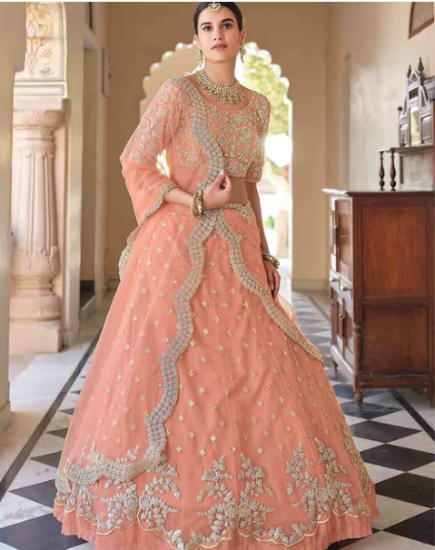 Pretty Peach Soft Net Semi Stitched Lehenga with Unstitched Blouse