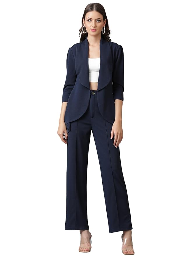 Women's Solid Relaxed Fit 3/4 Sleeve Co-ord Blazer