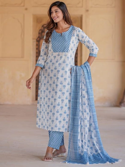 Women Cotton Straight Printed Kurta Pant and Dupatta Set