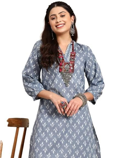 LookMark Women's Trendy Printed Cotton Blend Straight White Color Kurta and Afghani Pant Set