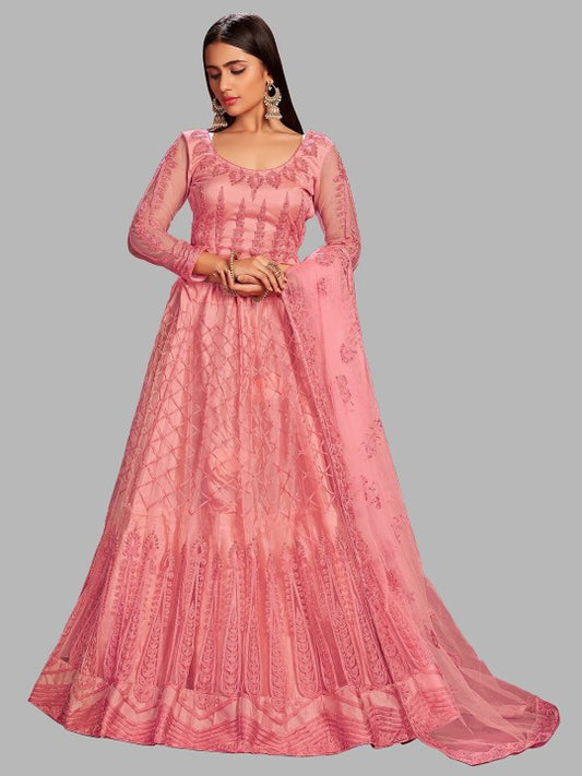 Pink Embroidered Thread Work Semi-Stitched Lehenga & Unstitched Blouse With Dupatta