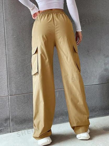 Women's & Girls' Solid High Waist with Pockets Cargo Pants