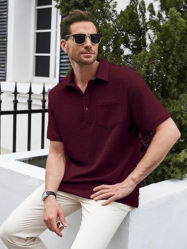 Mens Waffle Knit Polo Tshirt Collar Knitted Shirt for Men