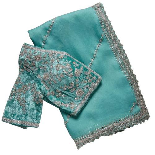 infloura Women's And Girls Organza Silk Fabric Saree With Embroidery Sequence Thread Work With Fully Work Blouse