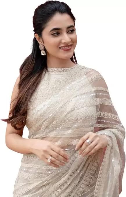 HYDRISE Women's Pure Off White Net Sequins Embroidery Thread Work Saree With Blouse