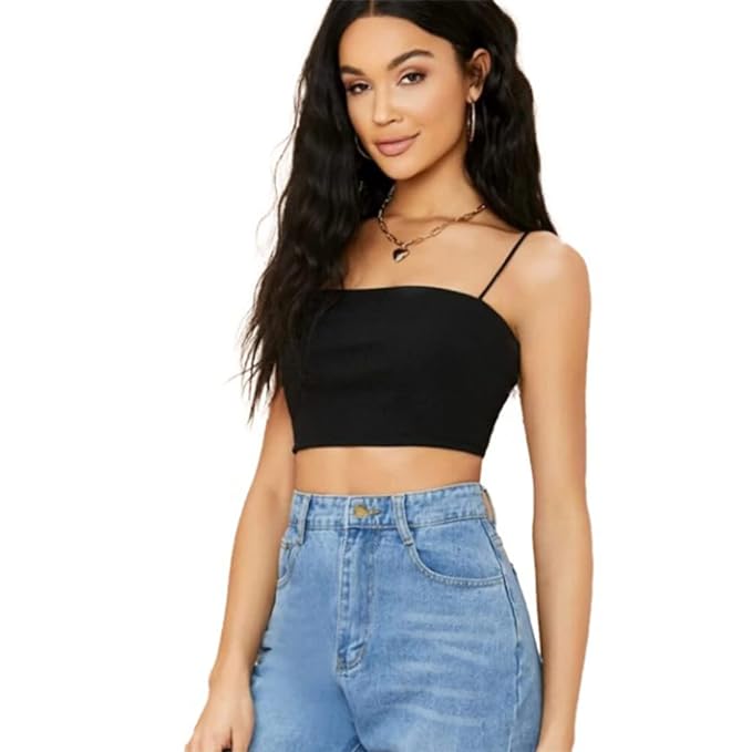 GLARE & BLAIR Solid Sleeveless Western Stylish Ribbed Cami Crop Top for Women