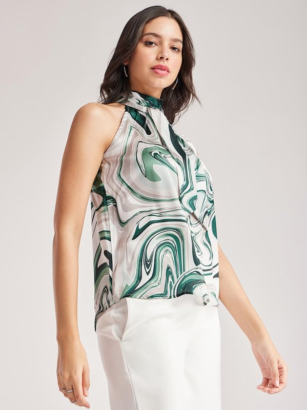 Satin Halter Neck Top - Green and White