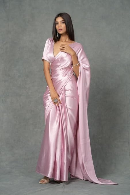 Women's Ready to Wear Satin Silk 1 Minute Pre Pleated Heavy Saree with Hand Work Tassels