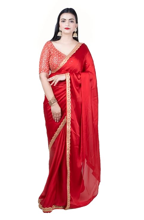 Women's Soft Satin Saree Bollywood Designer Hand Work Tassels with Mirror Blouse