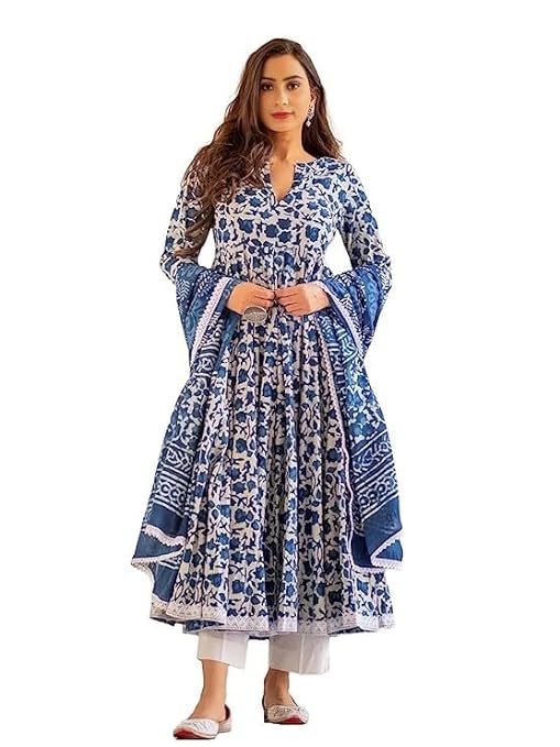 Women's Trendy Printed Cotton Blend Flared Blue Color Anarkali Style Lace Kurta with Dupatta