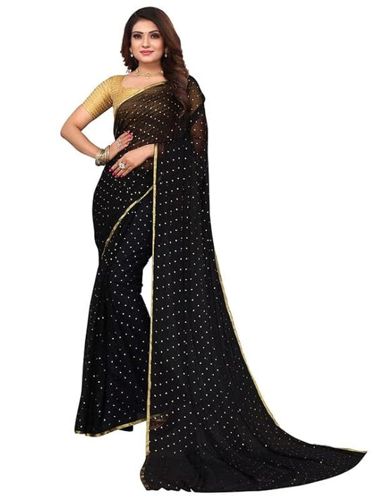 SICHI Women'S Chiffon Mukaish Work Saree With Unstitched Blouse Piece