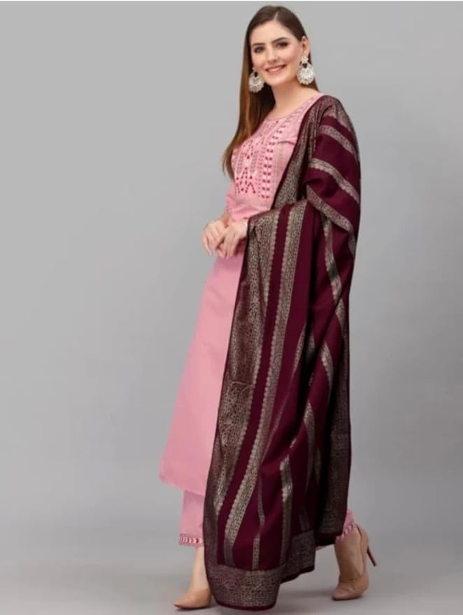 Women'S and Girls Wear Pink Color Cotton Blend Printed A-Line Kurta, Pant and Dupatta Set