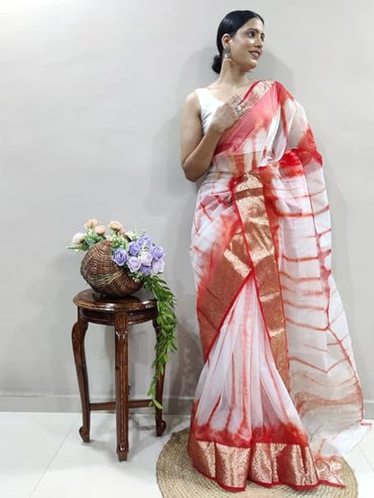 Women'S Organza Jacquard Border Saree With Unstitched Blouse Piece