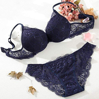 Women's Net Fabric Padded Underwire Push-Up Bridal Bra Panty Set