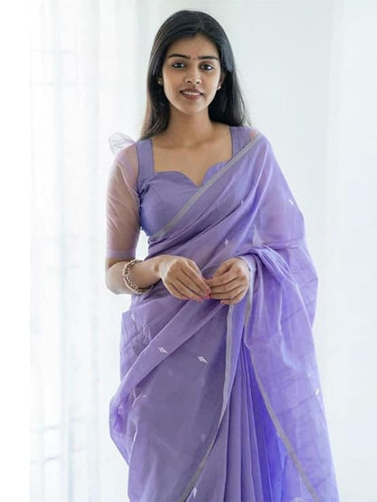 Women'S Poly Cotton Saree With Unstitched Blouse Piece