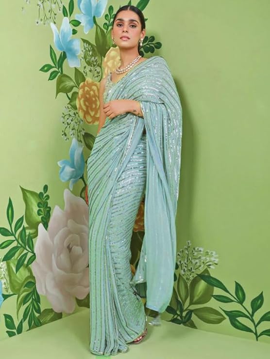 Women's Sequence Embroidery Georgette Saree with Unstitched Blouse Piece