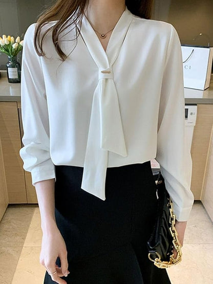 Women's Tie Neck Summer Long Sleeve V-Neck Chiffon Korean Style Plain Business Work Shirts