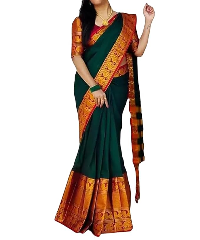 Shivaarya Woven Narayanpet South Silk Pure Cotton Large Zari Border Elephant Border Saree - Green