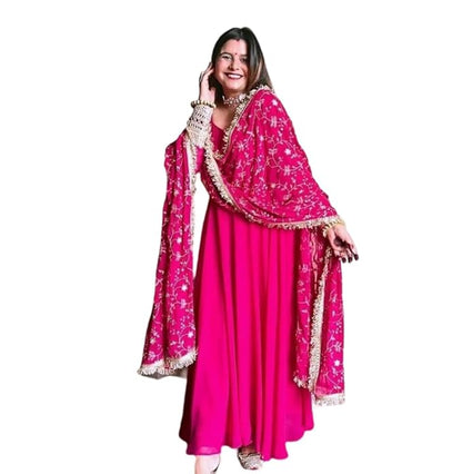 Women Georgette Solid Ankle Length Anarkali Gown Set with Dupatta