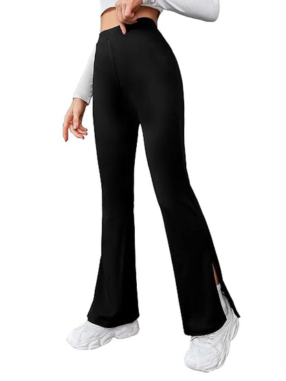 Women's Solid Side Split Hem Flare Leg Bell Bottom Pants Trouser