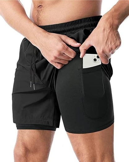 NEVER QUIT Double Layer 2 in 1 Sports Shorts with Inner Tights for Men Gym Tight Short with Pocket