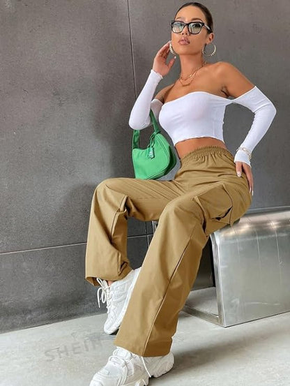 Women's & Girls' Solid High Waist with Pockets Cargo Pants