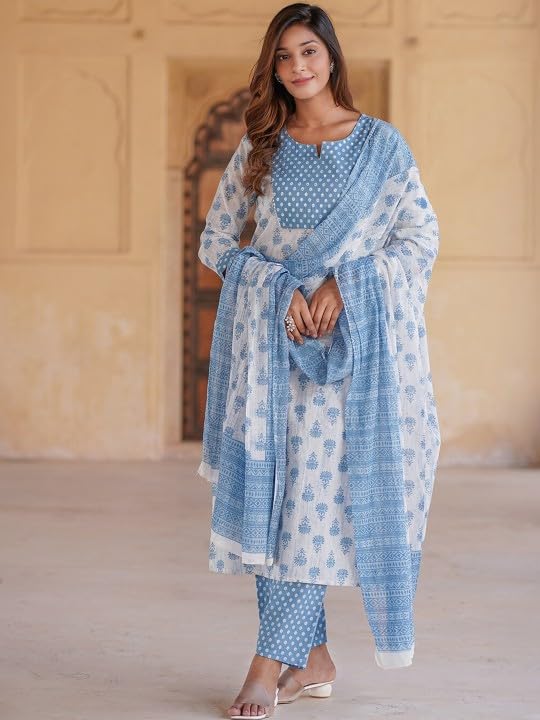 Women Cotton Straight Printed Kurta Pant and Dupatta Set