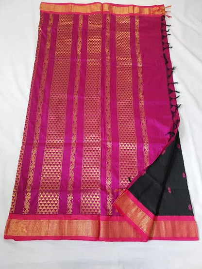 Women's Pure Kalyani Cotton Silk Saree with Zari Border and Blouse Piece (Black & Pink)