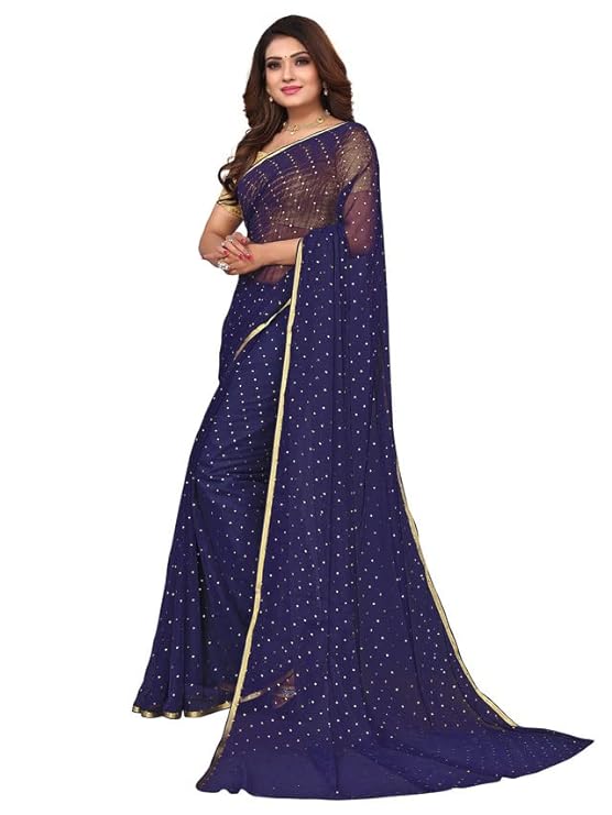 Women's Jari Border & Mukaish Work Chiffon Saree with Unstitched Blouse Piece