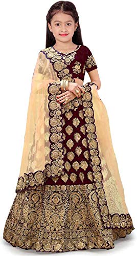 Girl's Taffeta Satin Semi-stitched Embroidered Lehenga Choli - Ghagra, Choli, Dupatta Set