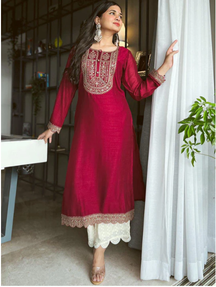 Maroon Yoke Design Silk Kurta