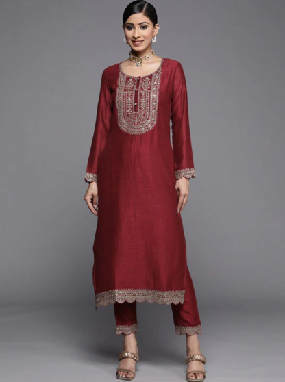 Maroon Yoke Design Silk Kurta