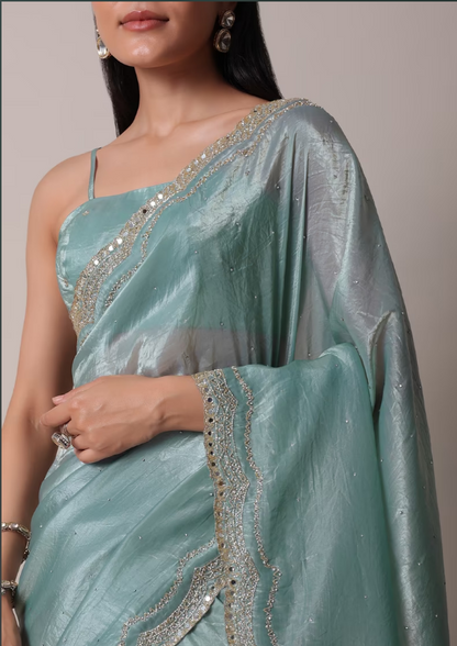 Sea Blue Tissue Saree With Mirror Work And Unstitched Blouse Piece