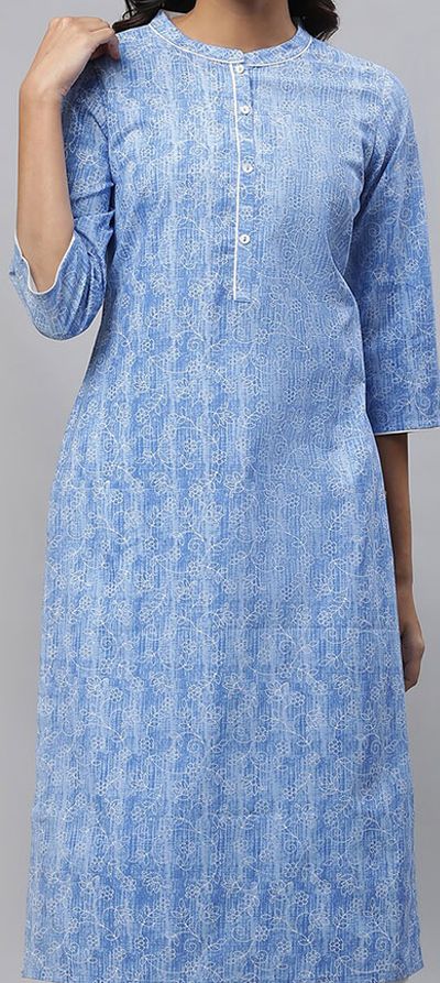 Band Collar Floral Printed Straight Cotton Kurta