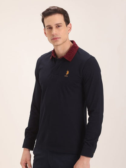 Men Navy Blue Polo Collar Slim Fit Pure Cotton T-shirt