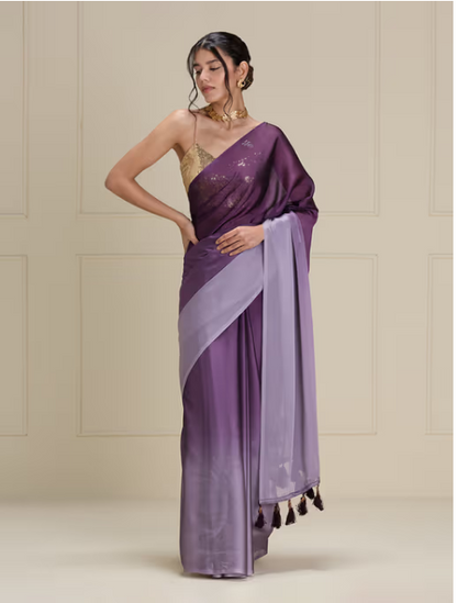 Soft and Shiny Purple Georgette Ombre Solid Tassels Saree with Unstitched Blouse