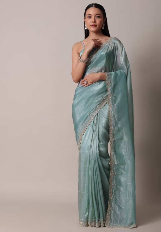 Sea Blue Tissue Saree With Mirror Work And Unstitched Blouse Piece