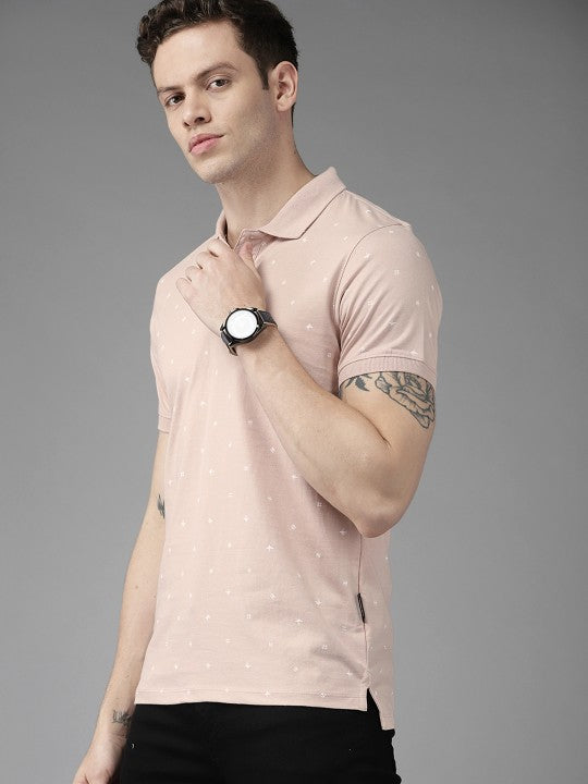 Men Pink & White Pure Cotton Printed Polo Collar T-shirt