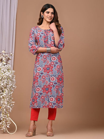 Floral Printed Round Neck Straight Kurta