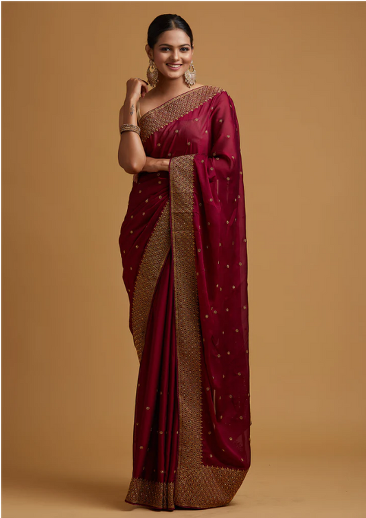 Wine Zariwork Semi Crepe Designer Saree