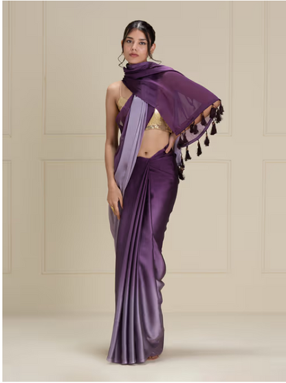 Soft and Shiny Purple Georgette Ombre Solid Tassels Saree with Unstitched Blouse