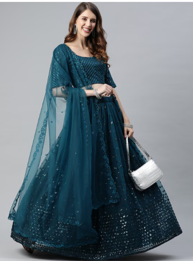 Teal Green Embroidered Sequinned Semi-Stitched Lehenga & Blouse With Dupatta