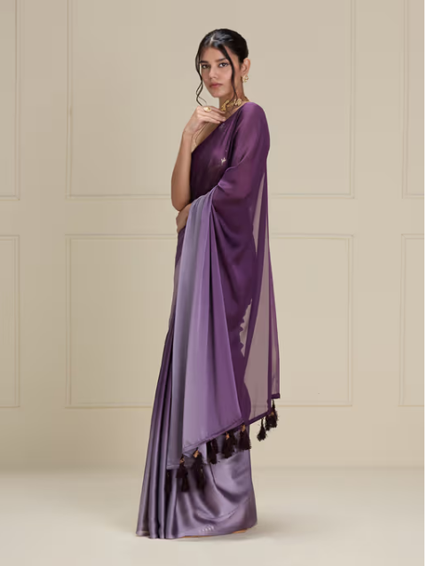 Soft and Shiny Purple Georgette Ombre Solid Tassels Saree with Unstitched Blouse