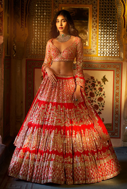 Red Multi-Tiered Lehenga Set