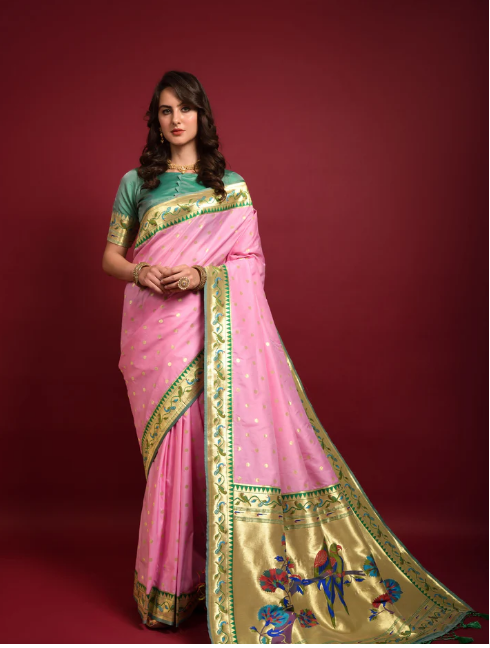 Baby pink color paithani silk saree with zari weaving work