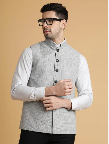 Grey Checked Regular Fit Modi Jacket