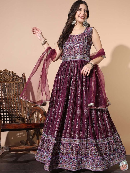 Embellished Mirror Work Gown Ethnic Dress With Dupatta