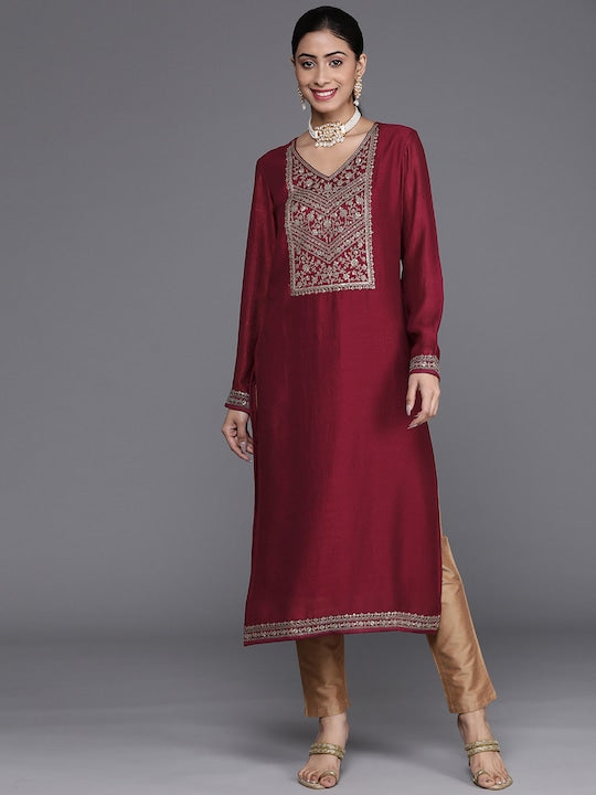 Women Maroon Ethnic Motifs Embroidered Embellished Yoke Design Kurta