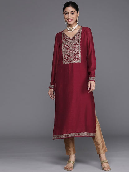 Women Maroon Ethnic Motifs Embroidered Embellished Yoke Design Kurta